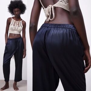 ZARA Satin Effect Pleated Pants In Navy Blue Size XXL NWT